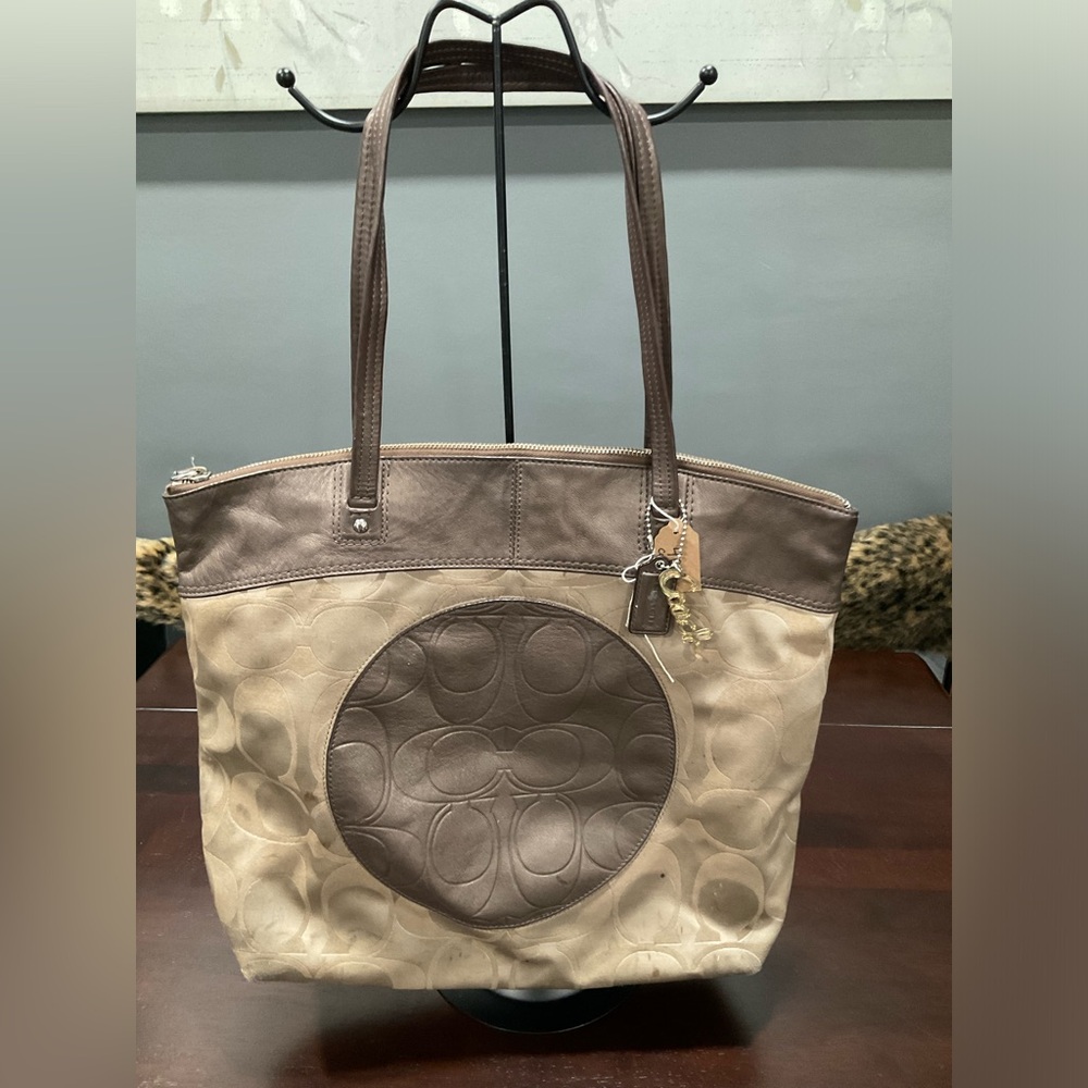 COACH LAURA LARGE TOTE WITH TAN AND METALLIC‎ BROWN LEATHER